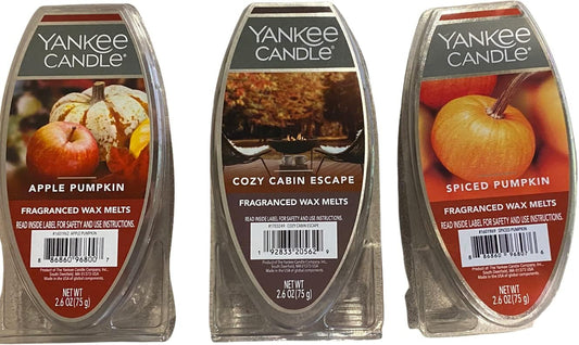 Yankee Candle Fall/Autumn Fragranced Wax Melt/Tart 3 Pack Random Fall Scents with 8X10 Burlap Bag and Bonus 2 Random Tea Lights
