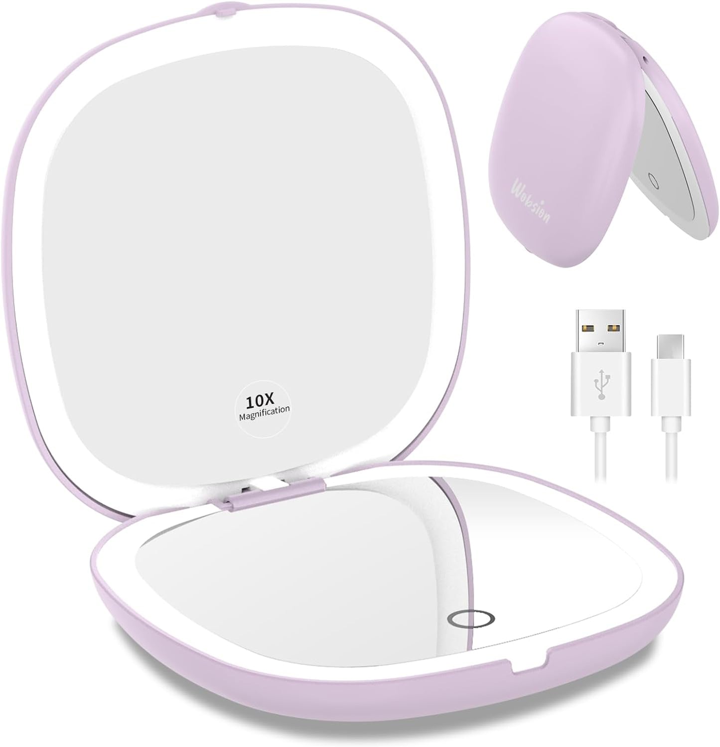 wobsion Travel Mirror with Light, Rechargeable 1x/10x Compact Magnifying Mirror, Dimmable Pocket Mirror,Handheld 2-Side Mirror with Light,4inch Travel Size,Portable for Handbag,Purse,Gift,Purple