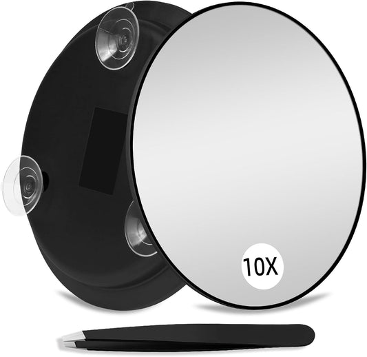 10X Magnifying Mirror with 3 Suction Cups, Large 6inch Magnified Mirror 10X Travel Round Makeup Mirror with High Magnification, Make up Mirror with Tweezers Sets