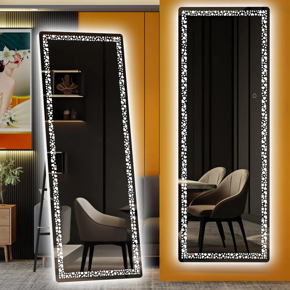 White 56"x16" LED Full-Length Mirror, Poker Flower Pattern - $65