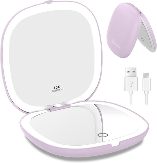 wobsion Travel Mirror with Light, Rechargeable 1x/10x Compact Magnifying Mirror, Dimmable Pocket Mirror,Handheld 2-Side Mirror with Light,4inch Travel Size,Portable for Handbag,Purse,Gift,Purple