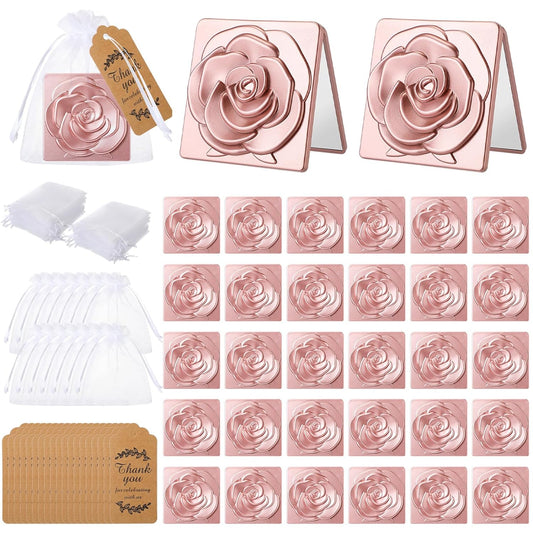 30 Set Rose Compact Mirror Bulk Wedding Party Favors for Guest Rose Shape Travel Portable Purse Mirror with Thank You Tag and Organza Bag for Bachelorette Bridal Wedding Party Souvenir Gift, Rose Gold