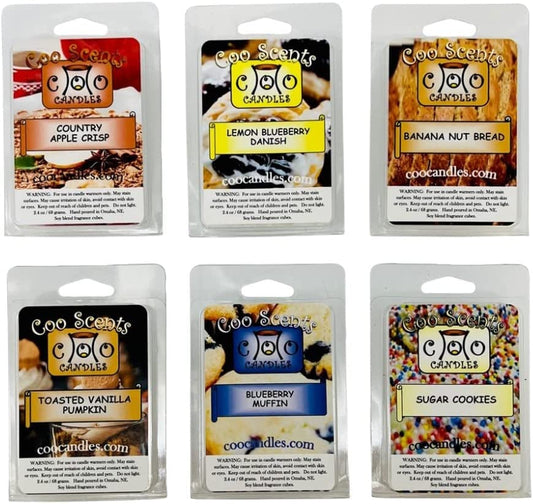 6 Pack Highly Scented Soy Blend Candle Wax Bar Melt Cubes - Yummy Bakery Scents. Country Apple Crisp, Blueberry Muffin, Toasted Vanilla Pumpkin, Banana Nut, Sugar Cookie, Lemon Blue Danish