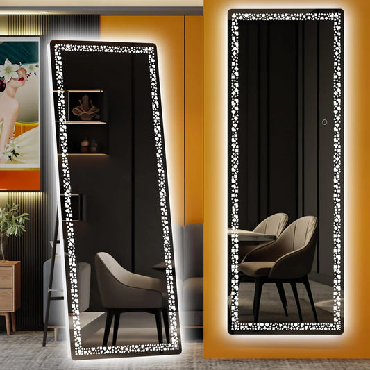 White 56"x16" LED Full-Length Mirror, Poker Flower Pattern - $65