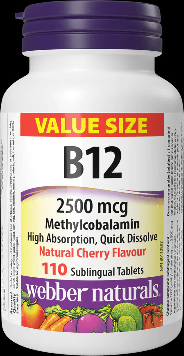 Webber Naturals Vitamin B12 Methylcobalamin 2500mcg Natural Cherry Flavour 110 Tablets