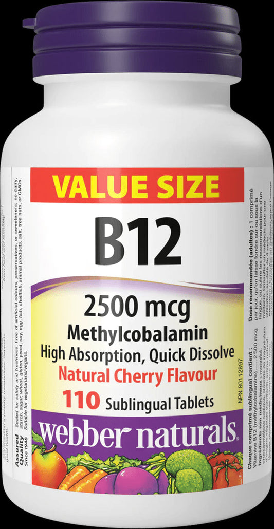 Webber Naturals Vitamin B12 Methylcobalamin 2500mcg Natural Cherry Flavour 110 Tablets